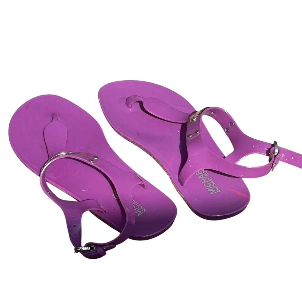 Michael Kors Purple Jelly Sandals 9.5 Y2K Glossy T-Strap Ankle Strap Flat Shoes
